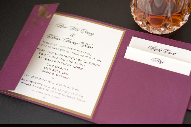 Timeless purple and gold invitation The rich purple background is accented 