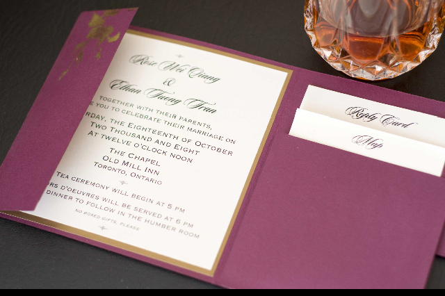 Timeless purple and gold invitation The rich purple background is accented